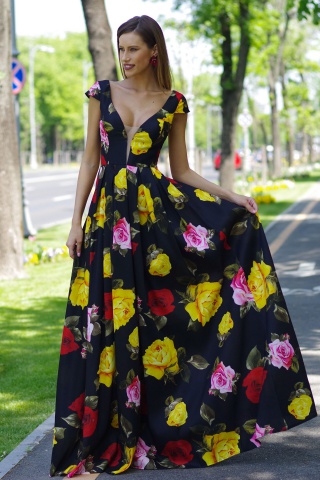 Rochie de ocazie din material satinat Artista neagra cu decolteu in v