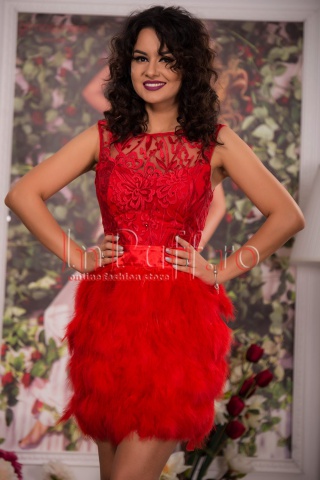 Rochie pretioasa broderie rosie si pene