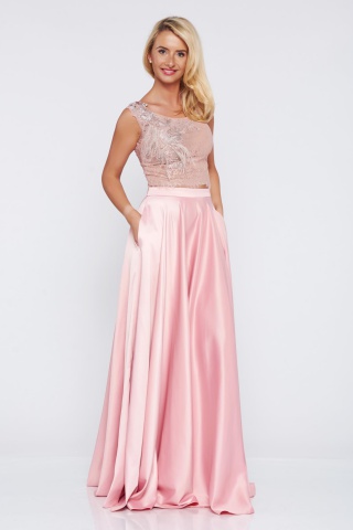 Set brodat elegant LaDonna rosa din material satinat