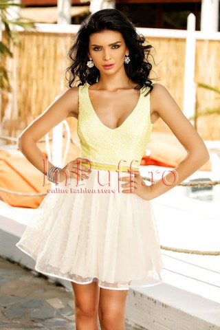 Rochie baby-doll cu dantela galbena si tul alb cu floricele
