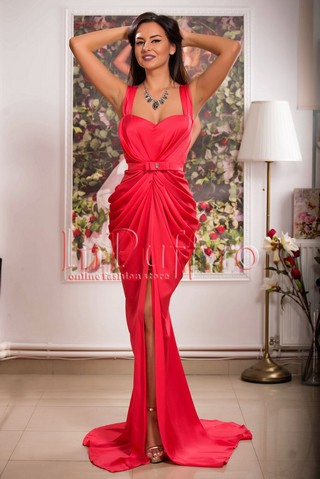 Rochie ciclam lunga de seara din voal satinat