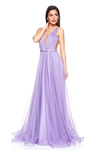 Rochie de ocazie cu decolteu in v Ana Radu lila cu tul accesorizata cu o fundita