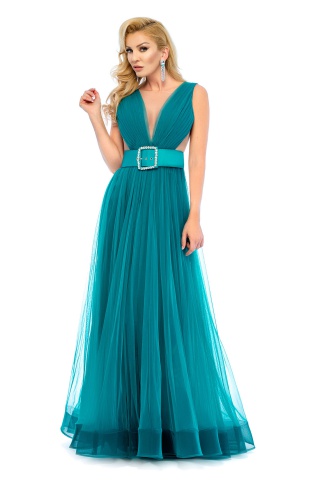 Rochie de seara Ana Radu turcoaz cu accesoriu tip curea