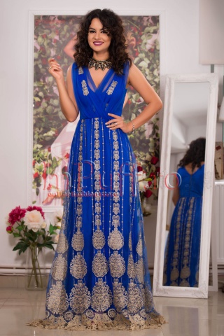 Rochie lunga albastra cu broderie aurie