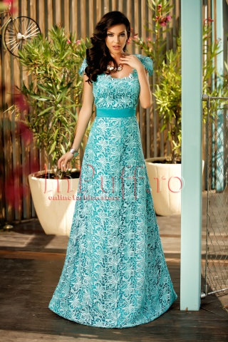 Rochie lunga de seara cu spatele gol din dantela turquoise