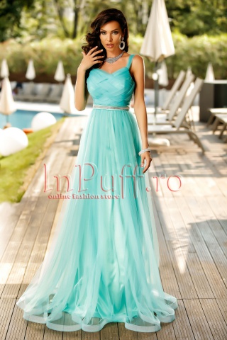 Rochie lunga de seara din tul turquoise