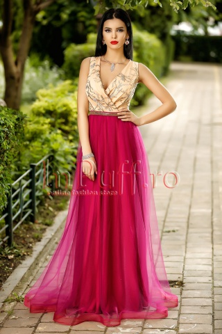 Rochie lunga din tul si broderie aurie