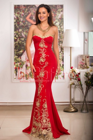Rochie lunga rosie de seara cu broderie aurie