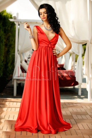 Rochie lunga rosie de seara din saten
