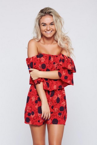 Salopeta rosie casual cu maneca scurta cu buline