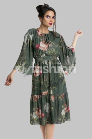 Rochie Floris Verde Midi cu Flori Office
