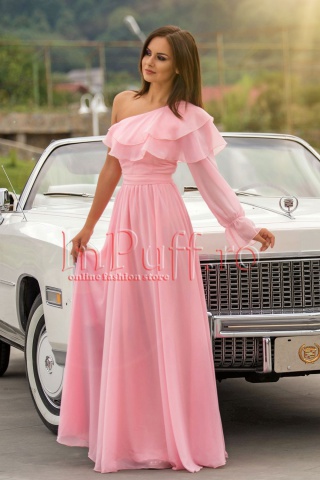 Rochie de seara lunga roz din voal