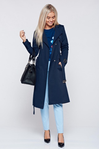 Trench Top Secret albastru-inchis basic din bumbac cu maneca lunga