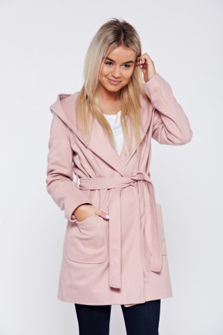 Cardigan rosa casual cu buzunare accesorizata cu cordon