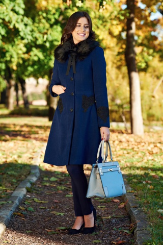 Palton LaDonna albastru-inchis Best Impulse elegant brodat din lana captusit pe interior