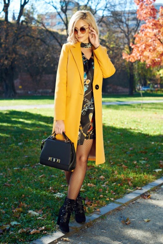 Palton LaDonna galben casual drept cu buzunare