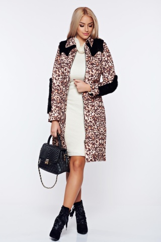 Palton Ocassion maro casual cu insertii cu blana ecologica cu animal print