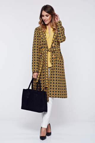 Palton PrettyGirl galben casual material gros cu buzunare