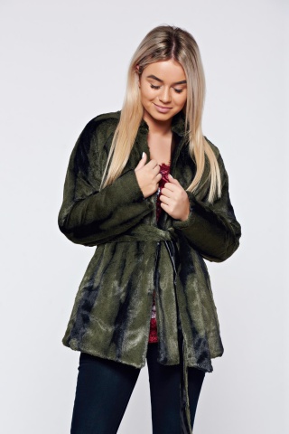 Palton PrettyGirl verde blana ecologica accesorizata cu cordon