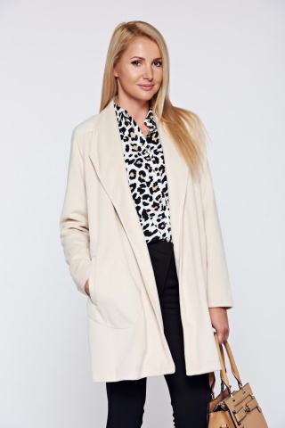 Palton Top Secret crem elegant drept cu buzunare