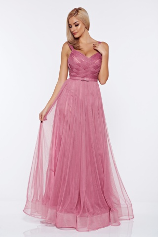 Rochie Ana Radu rosa de seara cu bretele accesorizata cu cordon