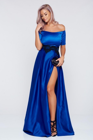 Rochie Artista albastra de ocazie din material satinat cu insertii de broderie