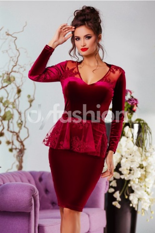 Rochie Bright Bordo din Catifea cu Broderie