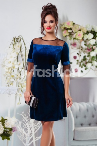 Rochie Olivia Bleumarin din Catifea cu Paiete