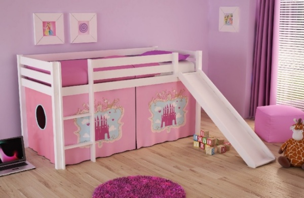 Pat din lemn de pin pentru copii cu topogan Pino Princess