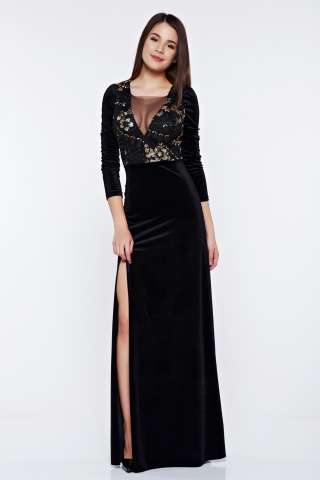 Rochie Artista neagra de ocazie din catifea cu maneca lunga