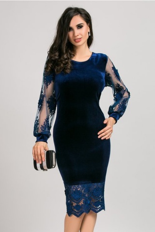 Rochie Mayra bleumarin din catifea cu broderie