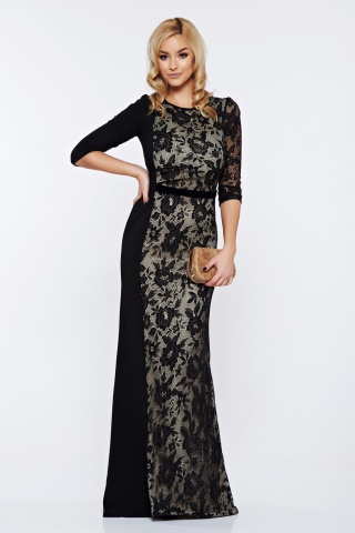 Rochie StarShinerS neagra de ocazie lunga sirena cu aplicatii de dantela
