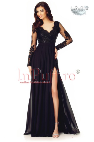 Rochie lunga neagra din voal si dantela brodata