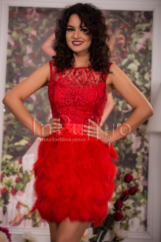 Rochie pretioasa broderie rosie si pene