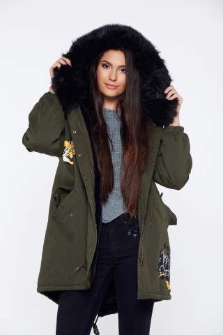 Geaca verde-inchis casual imblanita cu tinte metalice