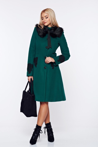 Palton LaDonna verde best impulse elegant din lana brodat captusit pe interior