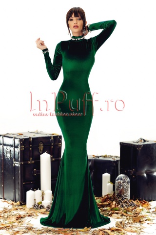 Rochie lunga de seara verde din catifea