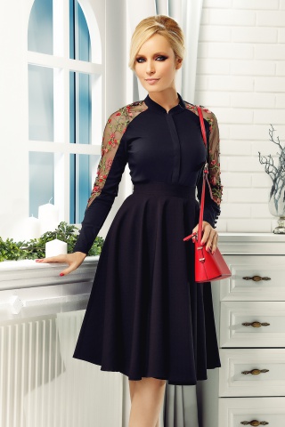 Camasa dama Fofy neagra eleganta din bumbac cu insertii de broderie