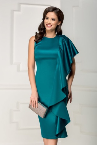 Rochie Aris verde midi de seara cu volan maxi