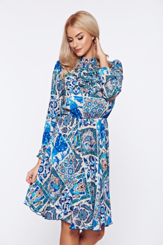 Rochie Fofy albastra eleganta de zi cu volanase cu imprimeu floral