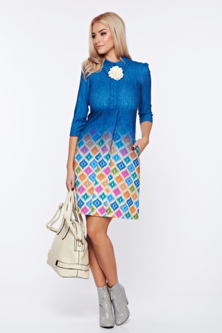 Rochie Fofy albastru-inchis office cu guler ascutit cu maneci trei-sferturi