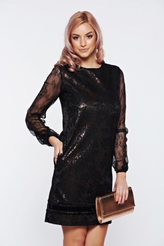 Rochie LaDonna neagra de ocazie cu croi in a cu maneci din dantela