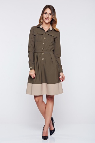 Rochie PrettyGirl khaki office in clos buzunare in fata