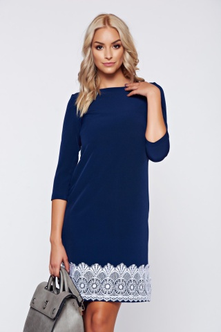 Rochie StarShinerS albastra office cu croi larg cu aplicatii de dantela