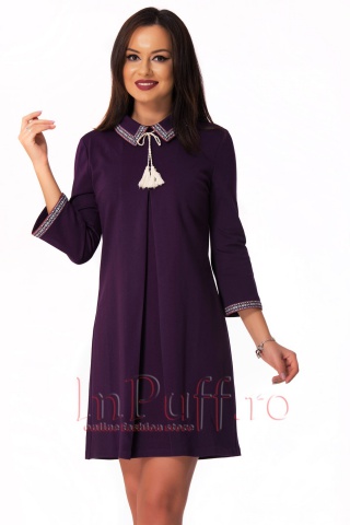 Rochie de zi mov accesorizata cu broderie colorata