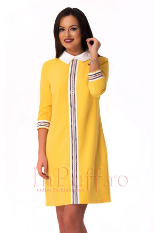 Rochie eleganta galbena accesorizata cu broderie colorata