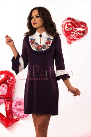 Rochie eleganta mov accesorizata cu broderie colorata