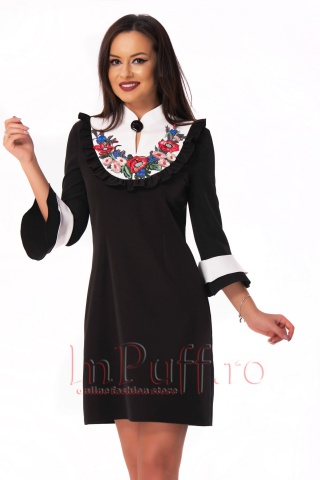 Rochie neagra eleganta accesorizata cu broderie colorata