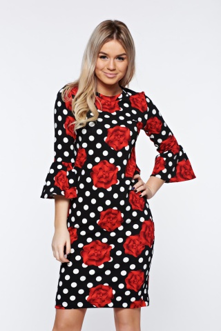 Rochie StarShinerS neagra de zi cu croi larg din material elastic cu volanase la maneca