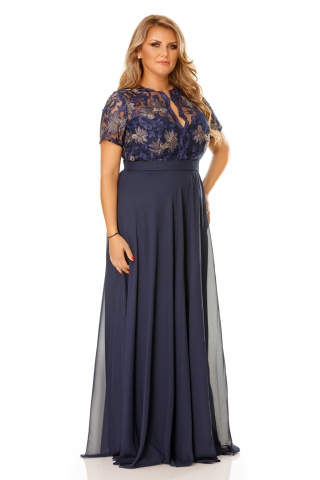 Rochie albastra de ocazie cu decolteu cu insertii de broderie